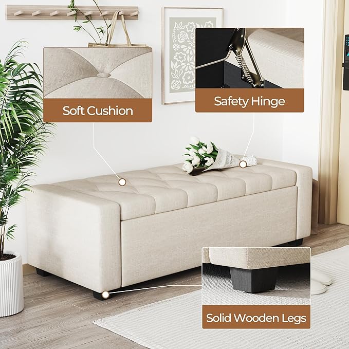Ottoman with Storage Bench,Large Storage Ottoman Entryway Benches Ottoman Bench with Cushion and Safety Hinge