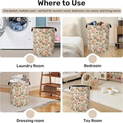 Shabby Chic Rose Laundry Basket - Heavy Duty 60L Dirty Clothes Organizer, Water Resistant Foldable Hamper for Men Women