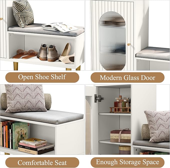 HLR Storage Bench Set of 2, White Modern Entryway Shoe Cabinet Bench with Glass Door&Shelf, L-Shaped Storage Cabinet with Padded Seat for Hallway, Bedroom, Living Room, Office