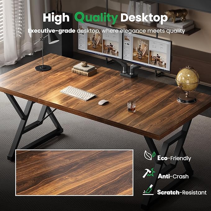 63" Large Executive Desk - Computer Office Desk Workstation, Modern Business Writing Table with Sturdy Metal Legs for Home Office (Dark Walnut/Black)