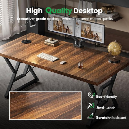 63" Large Executive Desk - Computer Office Desk Workstation, Modern Business Writing Table with Sturdy Metal Legs for Home Office (Dark Walnut/Black)
