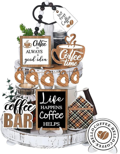 11 Pcs Coffee Tiered Tray Decor Coffee Time Rustic Farmhouse Tiered Tray Decorations Set Home Wooden Signs Vintage Farm Animal Farmhouse Tabletop Wood Signs for Kitchen Table Shelf Decor