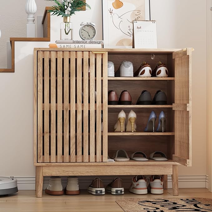 Shoe Cabinet with 2 Doors and Shelves, 4-Tier Shoe Cabinet Storage for Entryway, Freestanding Entryway Shoe Organizer Cabinets