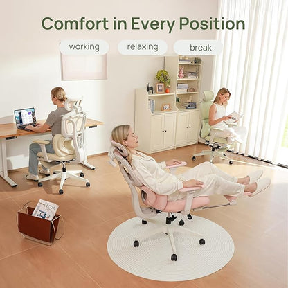 CabLady S1 Petite Ergonomic Office Chair Design with Detachable Pillow Lumbar Cushion, Coat Hanger, 2D Headrest & PU Armrests, Cloud Seat & Footrest Cute Desk Chair for Women Girls