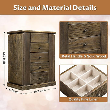 Emfogo Jewelry Box for Women, 5 Layer Large Wood Jewelry Boxes & Organizers for Necklaces Earrings Rings Bracelets, Rustic Jewelry Organizer Box with Drawers and Mirror(Vintage)