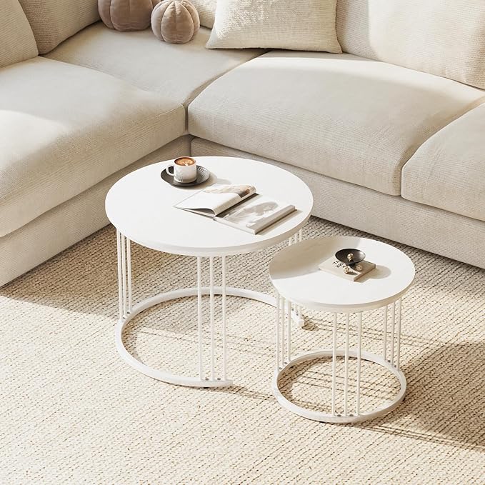 Garden 4 you Nesting Coffee Table, 23.6" Round Coffee Table Set of 2, Wooden Nesting Table with Metal Frame, Ceter Tables for Living Room Bedroom Balcony, White