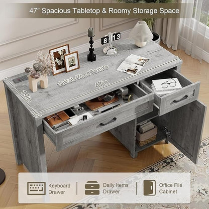 Vabches Farmhouse 47" Executive Desk, Computer Desk with Drawers and Storage Cabinet, Workstation Computer Desk for Home Office and Study.(Grey)