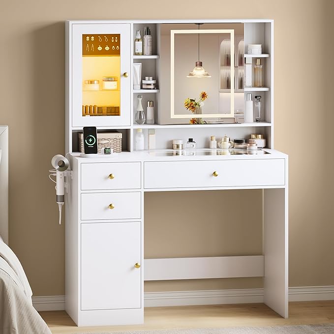 Vanity Desk with Mirror and Lights, White Vanity with Lighted Mirror and RGB Cabinet & Jewelry Organizers, Makeup Vanity Desk with Lights, Glass Top Dressing Table for Girls Bedroom