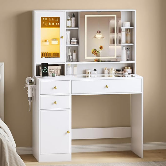 Vanity Desk with Mirror and Lights, White Vanity with Lighted Mirror and RGB Cabinet & Jewelry Organizers, Makeup Vanity Desk with Lights, Glass Top Dressing Table for Girls Bedroom