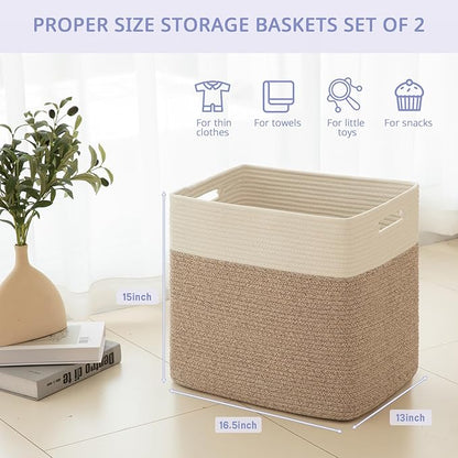 OIAHOMY Storage baskets for Shelf, Large Collapsible Storage Bins, Blanket Basket Living Room, 16.5 x 13 x 15 Inches-Pack of 2-Brown
