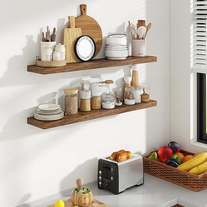 Acovy 40 Inch Floating Shelves, 8 Inch Deep Floating Shelves for Wall, Hanging Shelf with Invisible Brackets, Deep Shelves for Bathroom, Bedroom, Living Room, Brown, Set of 2