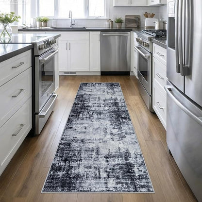 2.6'x10' Runner Rug Washable Rug: Modern Abstract Soft Thin Runner Rug Dark Black
