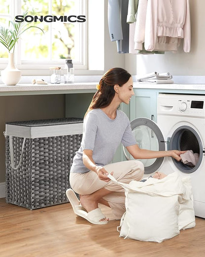 SONGMICS 130L Clothes Hamper with Lid, 2 Removable Liner Bags, 6 Mesh Bags, Wicker, Double Laundry Basket for Bathroom, 13 x 26 x 23.6 Inches, Gray ULCB253G01