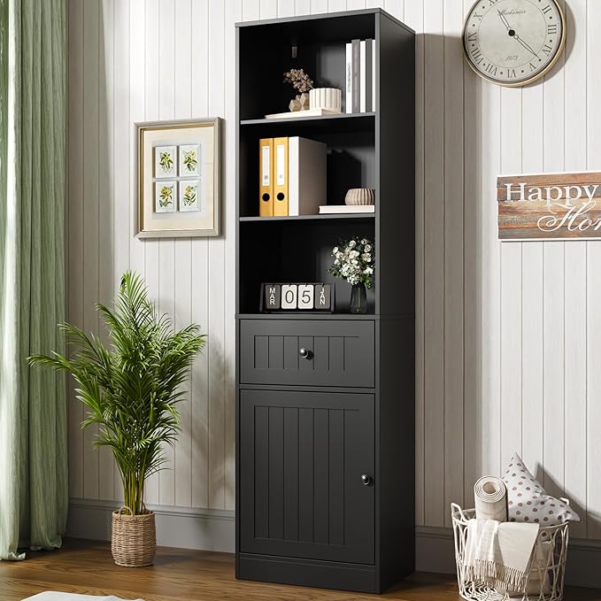 Farmhouse 71" Tall Bookshelf with Drawer, Narrow Bookcase with Adjustable Left/Right Door, Adjustable Shelf, Freestanding Display Book Shelf for Bedroom,Living Room, Office, Black
