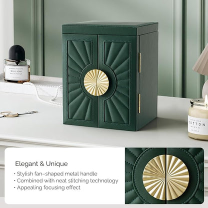 Jewelry Box for Women, 6-Tier Large Jewelry Organizer Box with Mirror, 5 Drawers for Rings Earrings Necklace Bracelets, Exquisite Metal Handle, Dark Green