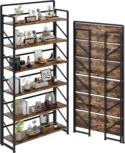 JSB Folding Bookshelf,Industrial Storage Shelves, No Assembly Vintage Wood Look Bookshelf with Storage Shelves for Living Room, Bedroom, Office (Fire Brown, Wide 6-Tier)