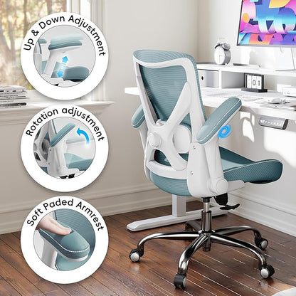 Office Home Ergonomic Desk Chair-Computer X-Shaped Chair Mesh PU Leather with Adjustable Lumbar Support-Executive Chair High Back Flip-Up Arms for Long Hours (Sky Blue-No Headrest)