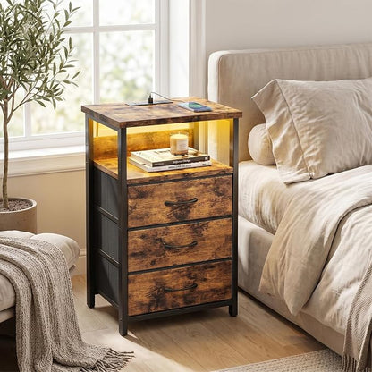 Fixwal Night Stand with Charging Station, LED Nightstand with Fabric Drawers, End Table with PU Finish, Bed Side Table, Rustic Brown