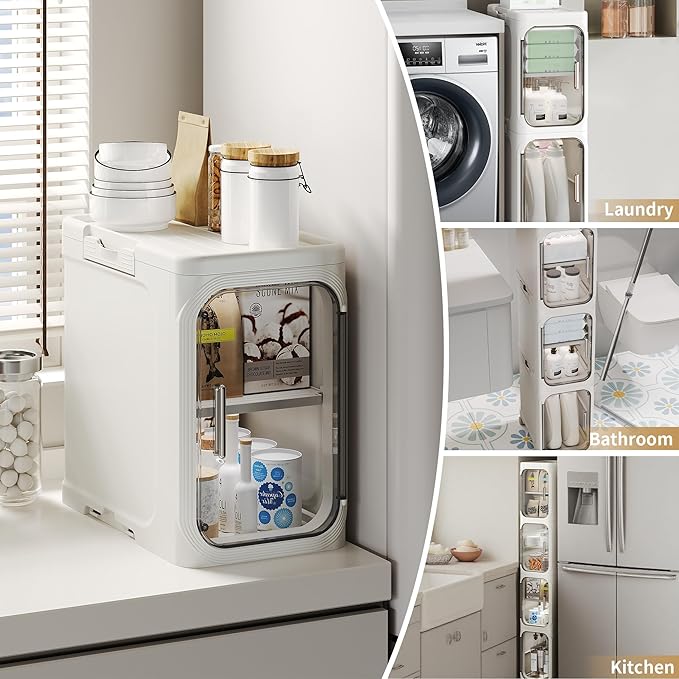 5-Tier Tall Slim Narrow Bathroom Storage Cabinet, White | Tool Free Assembly, Adjustable shelves, Fits for Narrow Spaces, Lockable Wheels, Magnetic Clear Door