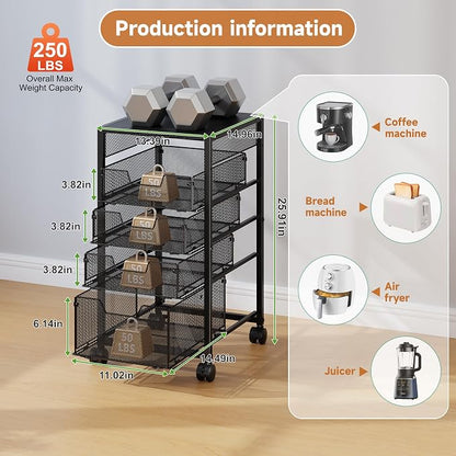 5-Tier Kitchen Utility Storage Cart with Adjustable Wood Top (Tabletop or Basket), Fruit Vegetable Storage Rack with Wheels & Drawers, Metal Rolling Pantry Cart, Kitchen Organizer for Snack Can Potato