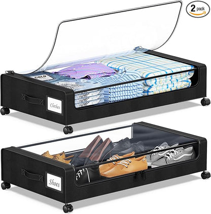 YAASHEEN Under Bed Storage with Wheels, 2-Pack Under the Bed Storage Containers with Clear Lids & Label, Underbed Storage Bins, XXL 60L Rolling Metal Drawer for Clothes, Shoes, Toys, Books - Black