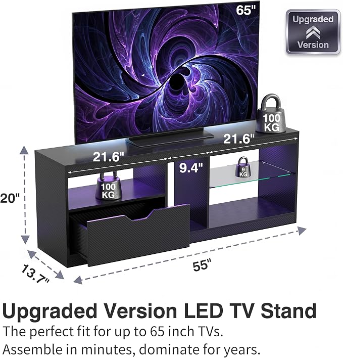 JUMMICO TV Stand, Entertainment Center LED Gaming TV Stand for 65+ Inch TV Carbon Fiber Top, Dynamic RGB Modes TV Cabinet Console with Adjustable Glass Shelves Storage Drawers (Black)