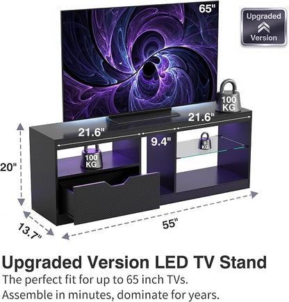 JUMMICO TV Stand, Entertainment Center LED Gaming TV Stand for 65+ Inch TV Carbon Fiber Top, Dynamic RGB Modes TV Cabinet Console with Adjustable Glass Shelves Storage Drawers (Black)
