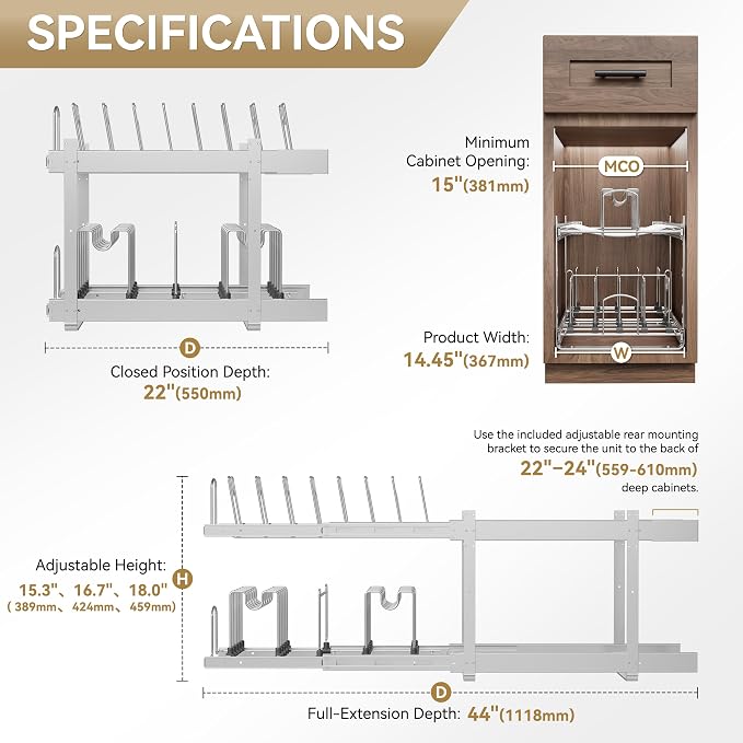 2-Tier Kitchen Pull out Cabinet Organizer for Pots, Pans, and Lid Cookware, Adjustable Heavy Duty Wire Pan and Pot Rack, Full-Extension Rail 15" W *22" D