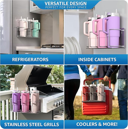 Sorbus Stanley Cup Organizer – 3-Cup Holder for Cabinet, Fridge, or Wall – Magnetic or Screw Mount – Stanley Storage Organizer for 20oz 30oz 40oz Cups, Tumblers, and Water Bottles (Silver 1-Pack)