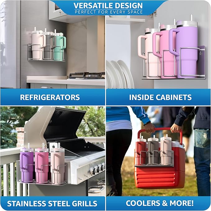 Sorbus Stanley Cup Organizer – 3-Cup Holder for Cabinet, Fridge, or Wall – Magnetic or Screw Mount – Stanley Storage Organizer for 20oz 30oz 40oz Cups, Tumblers, and Water Bottles (Silver 2-Pack)