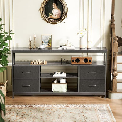 Huuger TV Stand Dresser with Power Outlets and LED Lights, 4 Drawers Entertainment Center with Shelves, 54in Media Console for 55 60 Inch TV, Dresser with PU Finish, Grey and Black