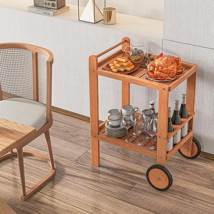 Giantex Wood Bar Cart, 2 Tier Side Table with Large Wheels & Wine Bottle Rack, Home Bar Serving Cart with Teak Oil Finish, Indoor & Outdoor Mobile Beverage Cart for Home, Poolside, Patio