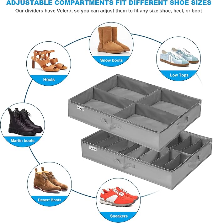 Under Bed Shoe Storage Organizer Set of 2, Fits 16+4 Pairs Boots Total, Underbed Shoe Box Storage Containers w/ Reinforced Handles, Clear Foldable Shoes Organizer Adjustable Dividers w/ Bottom Support