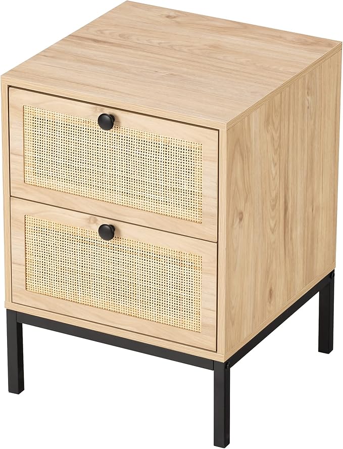 XIAO WEI Natural Rattan Nightstand Set of 2, Boho Night Stand with Drawers, Bedside Table Accent Cane End Table Side Table for Bedroom Living Room, Metal Legs/Small/Natural