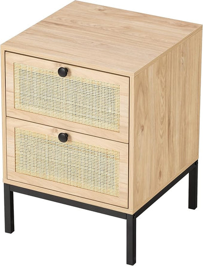 XIAO WEI Natural Rattan Nightstand Set of 2, Boho Night Stand with Drawers, Bedside Table Accent Cane End Table Side Table for Bedroom Living Room, Metal Legs/Small/Natural