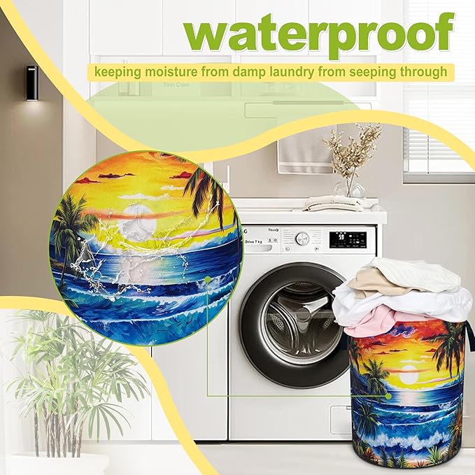Ocean Waves Laundry Basket Funny Hawaii Sunset Foldable Waterproof Oxford Cloth Tote Bag Laundry Hamper Large Clothes Storage Bucket Toy Organizer For Bathroom/Laundry Storage/Bedroom 18.9x16.5 Inch