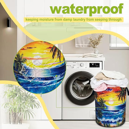 Ocean Waves Laundry Basket Funny Hawaii Sunset Foldable Waterproof Oxford Cloth Tote Bag Laundry Hamper Large Clothes Storage Bucket Toy Organizer For Bathroom/Laundry Storage/Bedroom 18.9x16.5 Inch