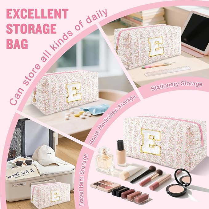 Personalized Quilted Cosmetic Bag, Puffy Monogrammed Christmas Birthday Gifts for Women & Girls, Cute initial Floral Makeup Bag Puffer Coquette Bag, Aesthetic Travel Toiletry Zipper Pouch(Pink,E)