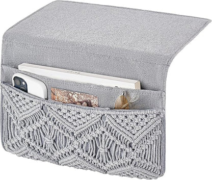 Mkono Macrame Bedside Caddy Storage Organizer Boho Remote Control Tablet Magazine Holder with 4 Pockets Non-slip Countertop Bedside Caddy for Home Bedroom Living Room College Dorm Bed, Grey