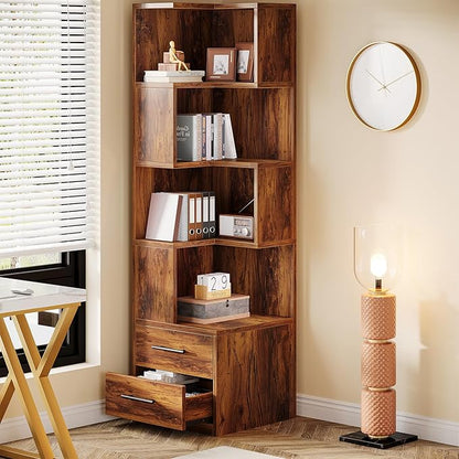Tribesigns 5-Tier Corner Bookshelf with 2 Drawers, 66.9-Inch Tall Corner Bookcase Shelf, Mid-Century Modern Corner Storage Cabinet Display Rack Shelf for Living Room, Home Office (Rustic Brown)