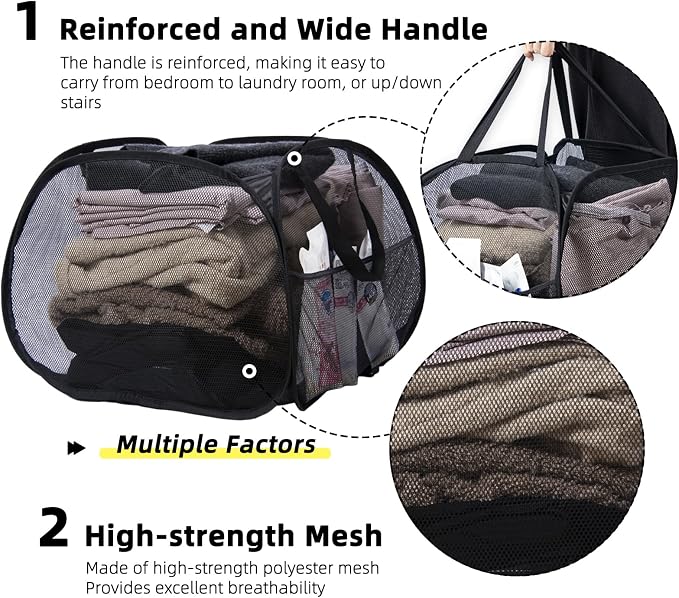 Collapsible Laundry Basket, 90L Foldable Pop-up Laundry Hamper with Handles, Mesh Dirty Clothes Hamper for Laundry, Bathroom, Kids Room, Dorm,Travel or Camping (Black, 2PCS)
