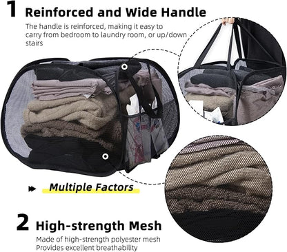 Collapsible Laundry Basket, 90L Foldable Pop-up Laundry Hamper with Handles, Mesh Dirty Clothes Hamper for Laundry, Bathroom, Kids Room, Dorm,Travel or Camping (Black, 2PCS)