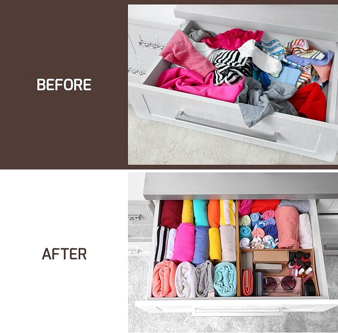 6-Pack Drawer Dividers - 4 Inches High, Adjustable 11 to 17 Inches Bamboo Drawer Organizers, Large Deep Expandable Separators for Clothes, Dresser, Bedroom, Bathroom, Baby, Office, Kitchen Utensils