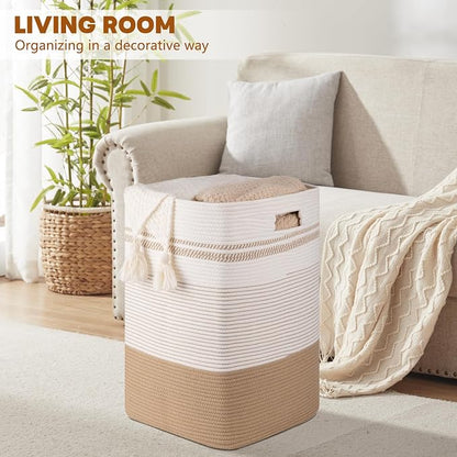 96L Extra Large Cotton Rope Laundry Basket for Bedroom & Laundry Room, Tall Clothes Hamper with Sturdy Handles, Neutral Storage Bin Capable of Holding Blankets and Toys