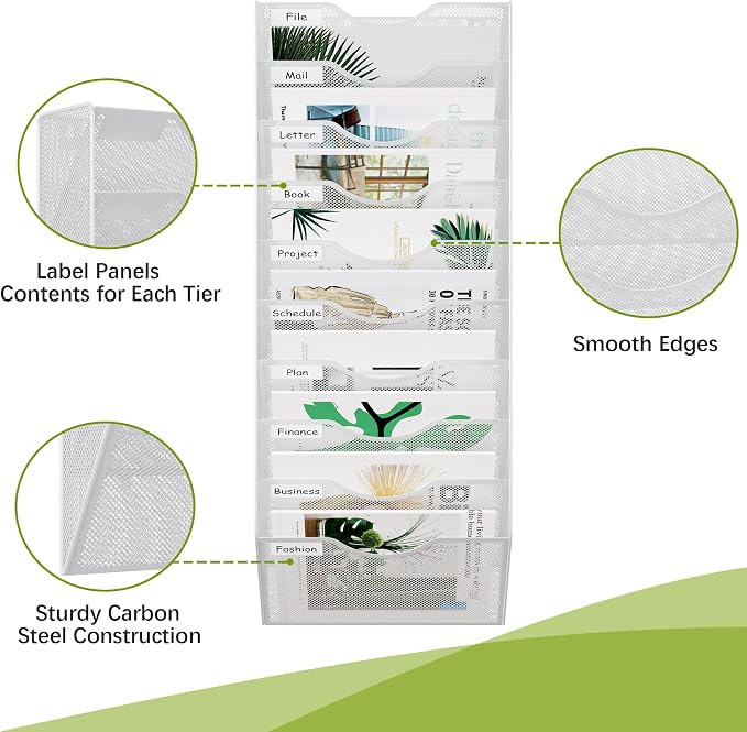 EasyPAG 10 Pocket Mesh Wall File Organizer, Hanging Paper Folder Holder with Classify Label, Vertical Wall Mount Mail Organizer for Office Home Classroom, White