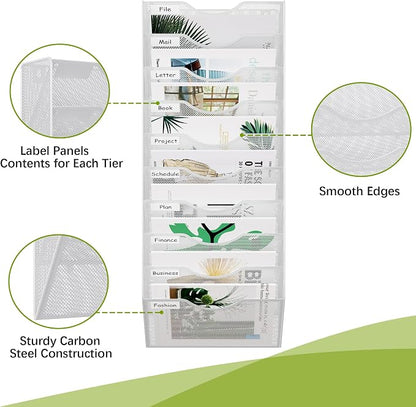 EasyPAG 10 Pocket Mesh Wall File Organizer, Hanging Paper Folder Holder with Classify Label, Vertical Wall Mount Mail Organizer for Office Home Classroom, White