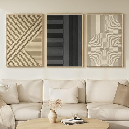 Framed 3D Textured Boho Abstract Wall Art for Living Room, Large 3 Piece Modern Neutral Minimalist Artworks, Black and Beige Geometric Sandstone Prints for Entryway Hallway Office Wall Decor, 24x36 In