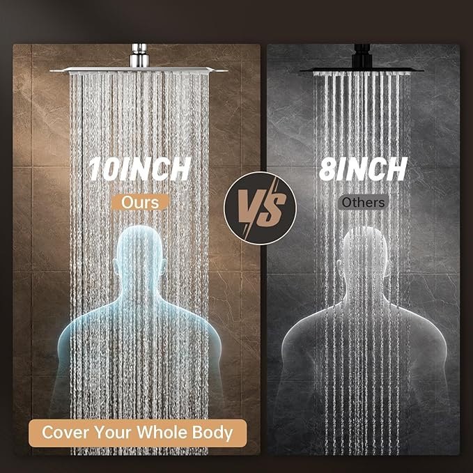 Veken All Metal 10" Shower Head with Handheld, Luxurious Square Double Rain Shower Heads with Spray Combo, Dual High Pressure Detachable Rainfall Showerhead with Extension Arm, Long Hose,Chrome,Sliver