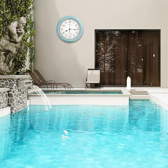 12 Inch Outdoor Clock Waterproof with Thermometer,Vintage Indoor Outdoor Wall Clocks for Patio, Pool, Garden, Bathroom Wall Decor - Teal