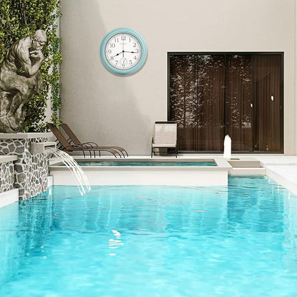 12 Inch Outdoor Clock Waterproof with Thermometer,Vintage Indoor Outdoor Wall Clocks for Patio, Pool, Garden, Bathroom Wall Decor - Teal